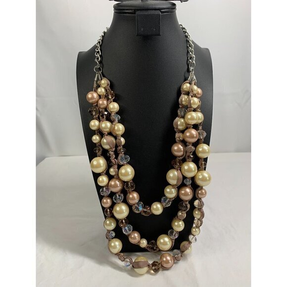 Triple Strand Faux Pearl, Crystal Bead & Ribbon Necklace - Ivory/Pink - Picture 7 of 12
